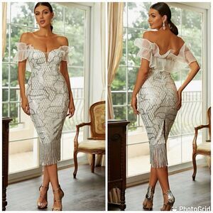 NWT Lin Lin Q Sexy Off Shoulder Sequin Short Sleeve Ruffle Split Bodycon Fringes